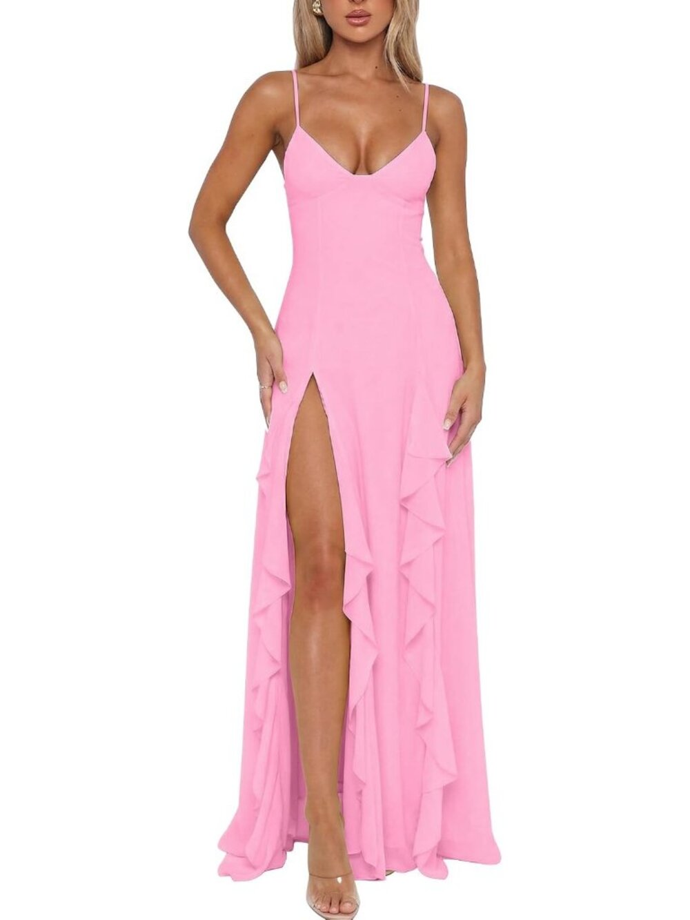 Women's Pink V Neck Spaghetti Strap Maxi Dress High Slit Evening Gown